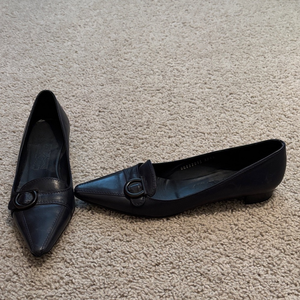 Salvatore Ferragamo Blue Leather Low- Heeled Pointed Toe Flats with Buckle